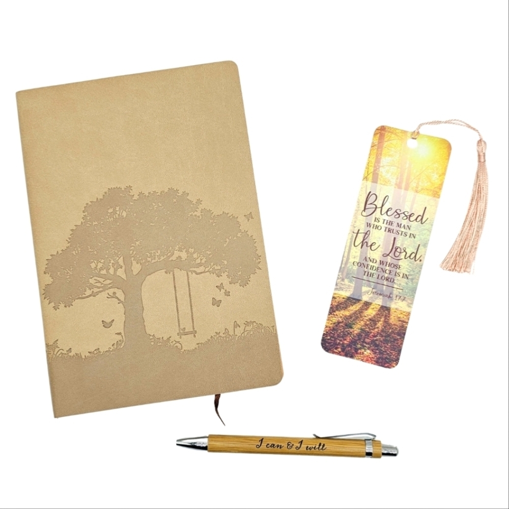 Tree of Life Faux Leather Journal Bamboo Pen Inspirational Bookmark Set Tan Pink